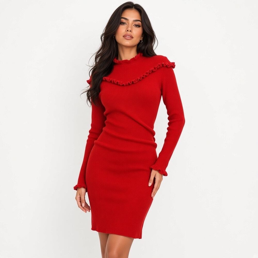 Scotch & Soda Red Ribbed Ruffle Mock Neck Bodycon Sweater Mini Dress Wool Blend